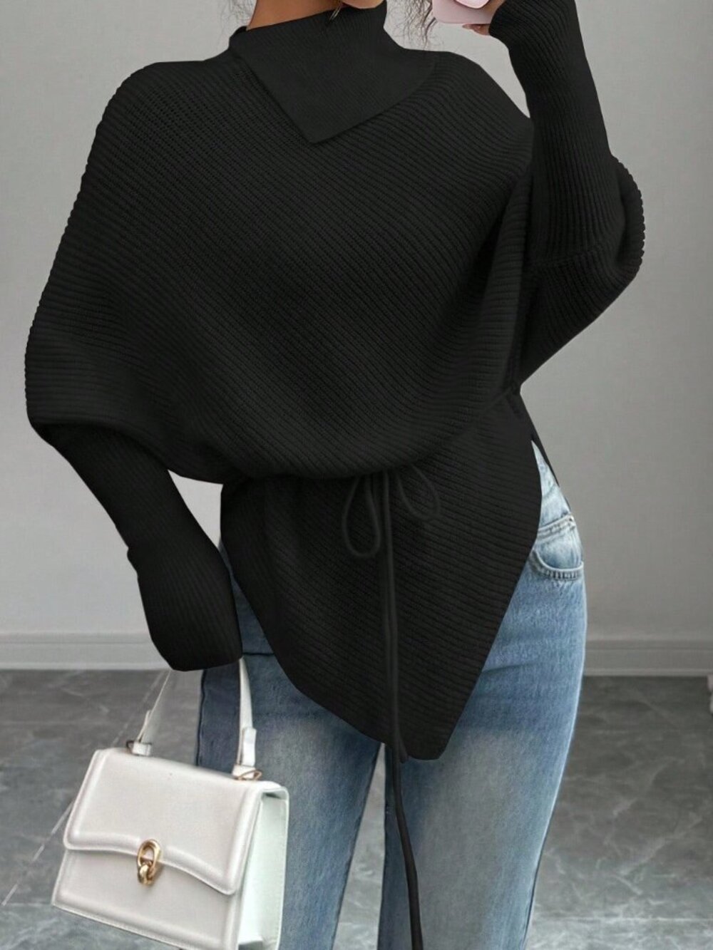 Black Casual Women's High Neck Batwing Sleeve Asymmetrical Hem Sweater